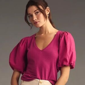 Anthropologie Puff-Sleeve V-Neck Top